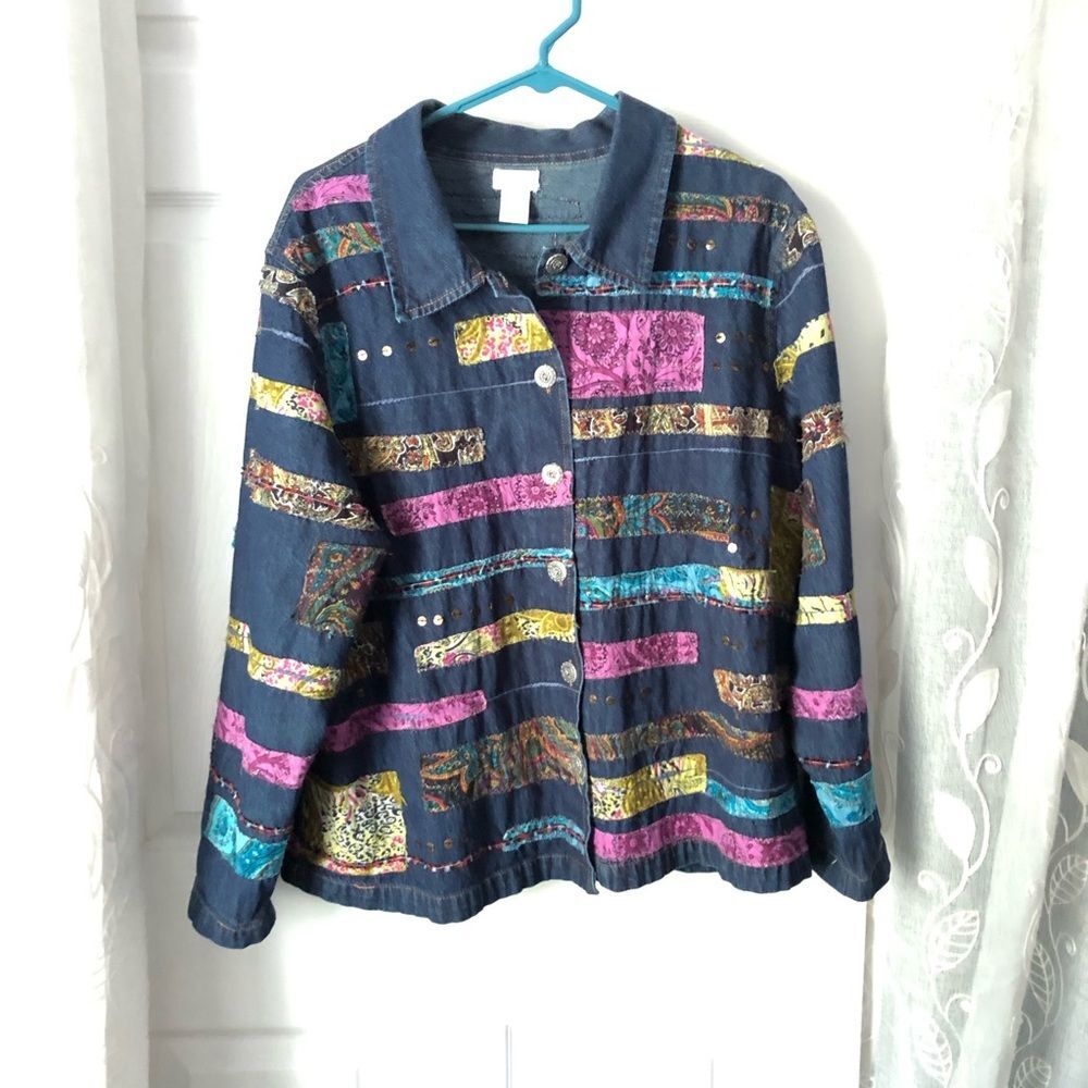 Vintage Tantrums Denim Patchwork Shacket button down Floral Boho jacket Size 1X